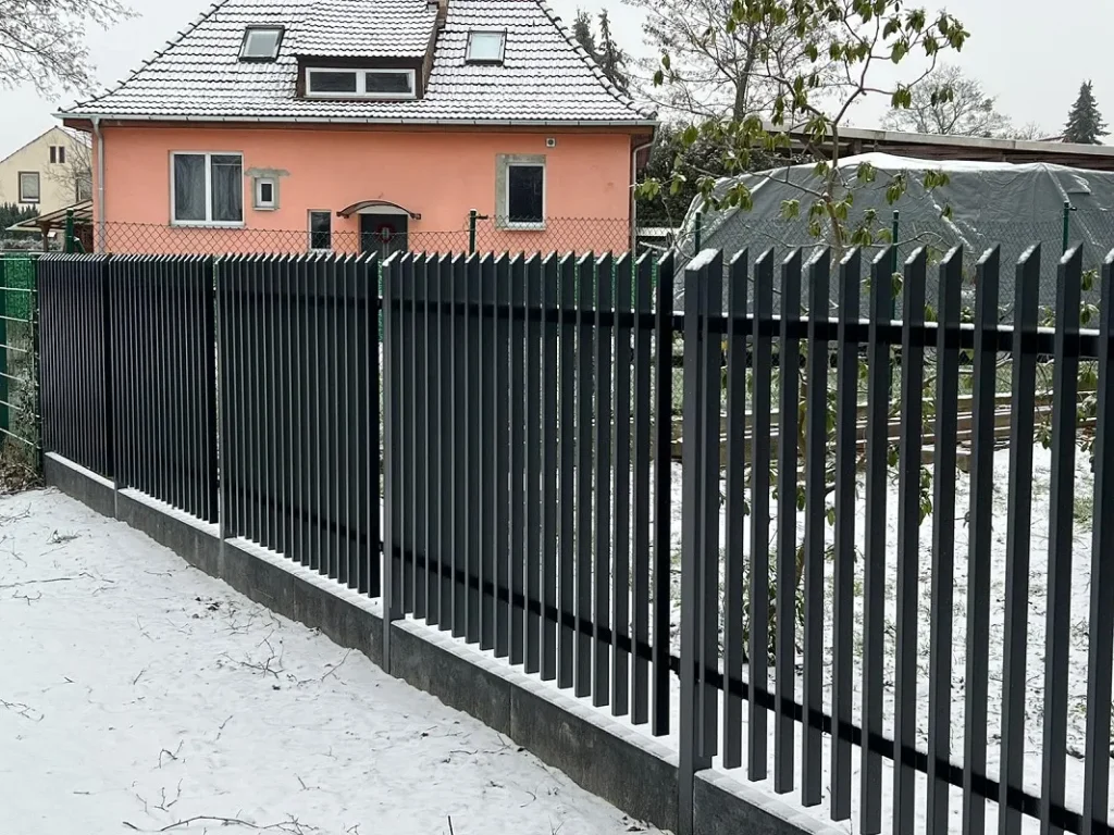 Metalowe ogrodzenie przed domem w zimowy dzień.